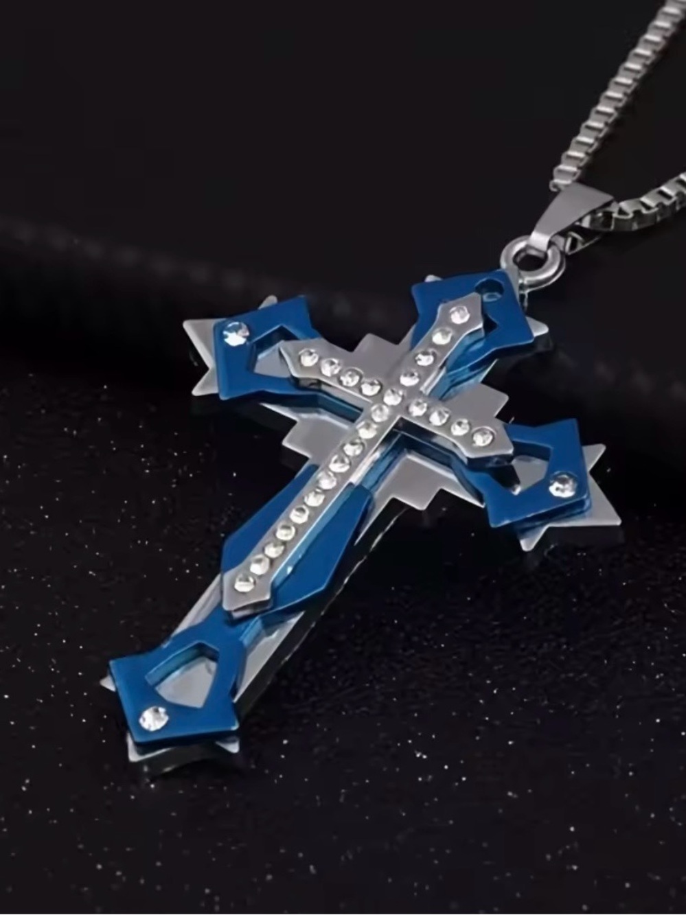 Blue Crystal Cross Pendant Necklace - Stainless Steel Unisex Jewelry